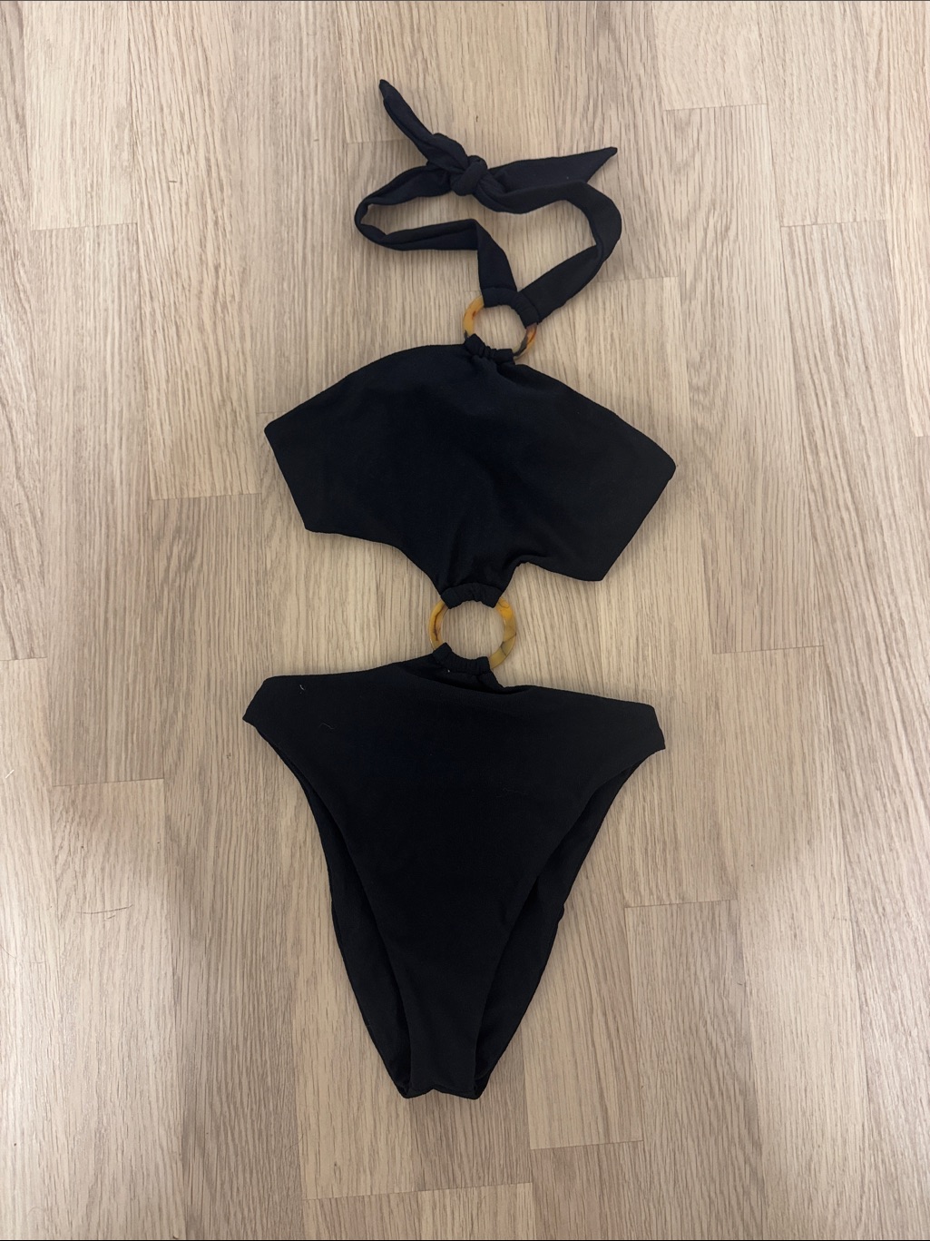 Black One-Piece Halter Swimsuit With Ring Accents